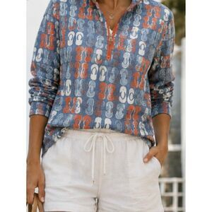 Quarter Zip Beachy S Blue Red Flip Flop Novelty Print Coastal Resortwear Summer